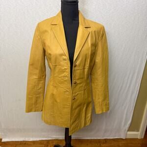 Express Mustard Yellow Leather Blazer Womens Size 4 Fitted Button Front Jacket